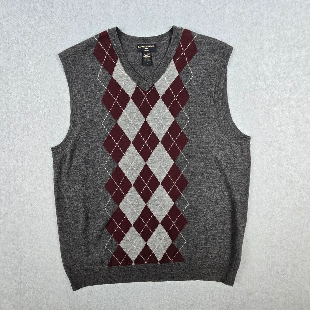 Banana Republic Size Large Grey Argyle Merino Wool V-Neck Sweater Vest